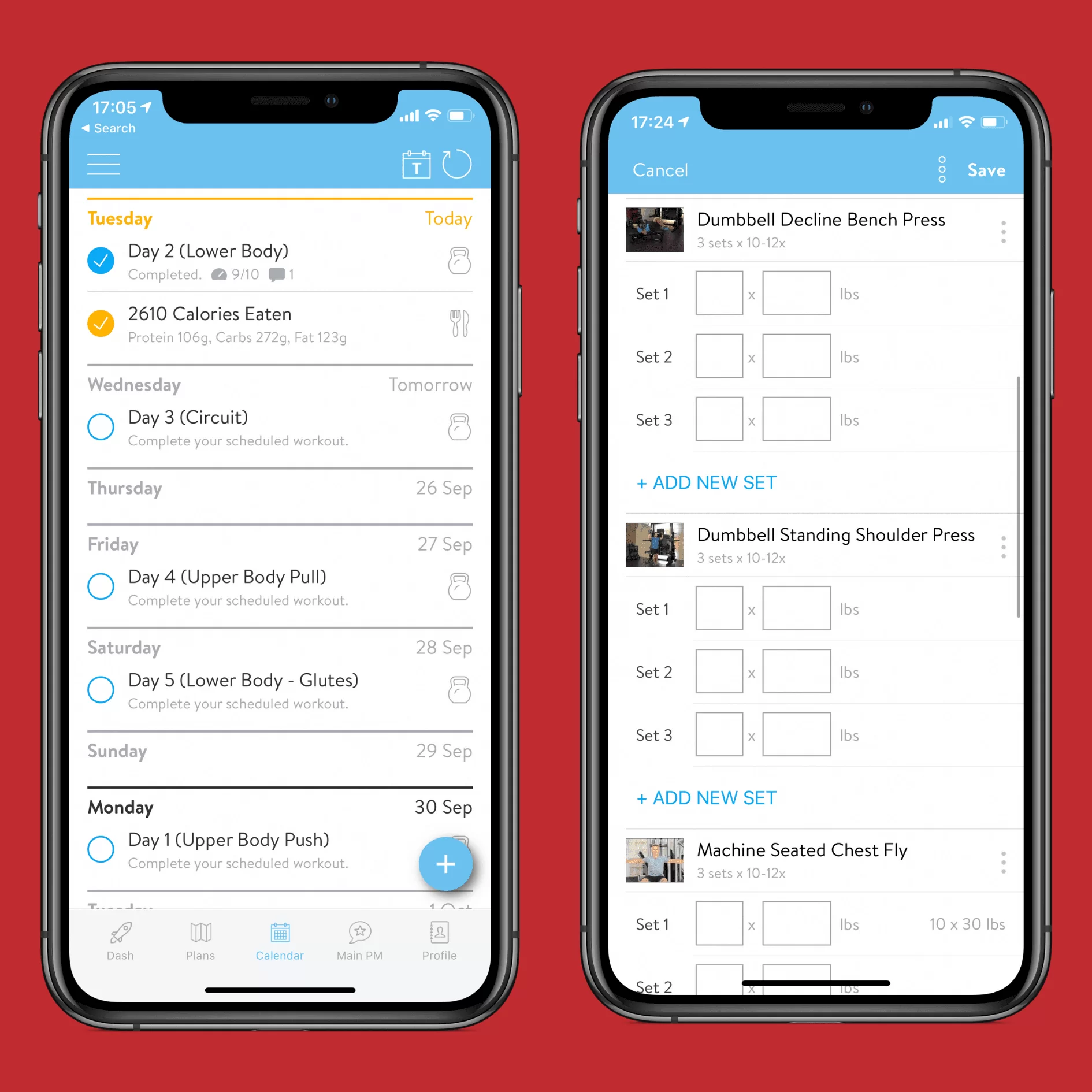 Two smartphones displaying a custom exercise app showing a weekly workout schedule and weightlogging interface.
