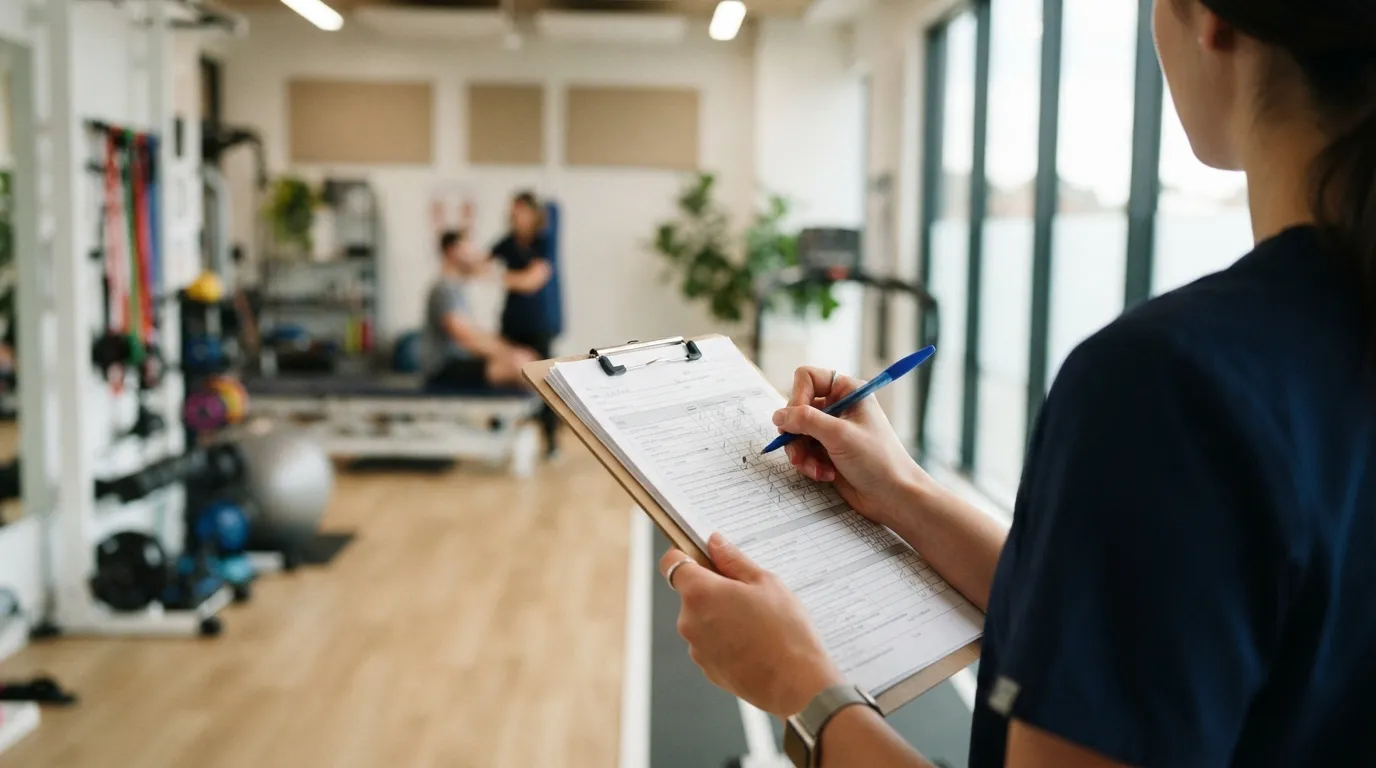 Allied health clinician reviewing care plan management documents on a clipboard in a rehabilitation clinic.
