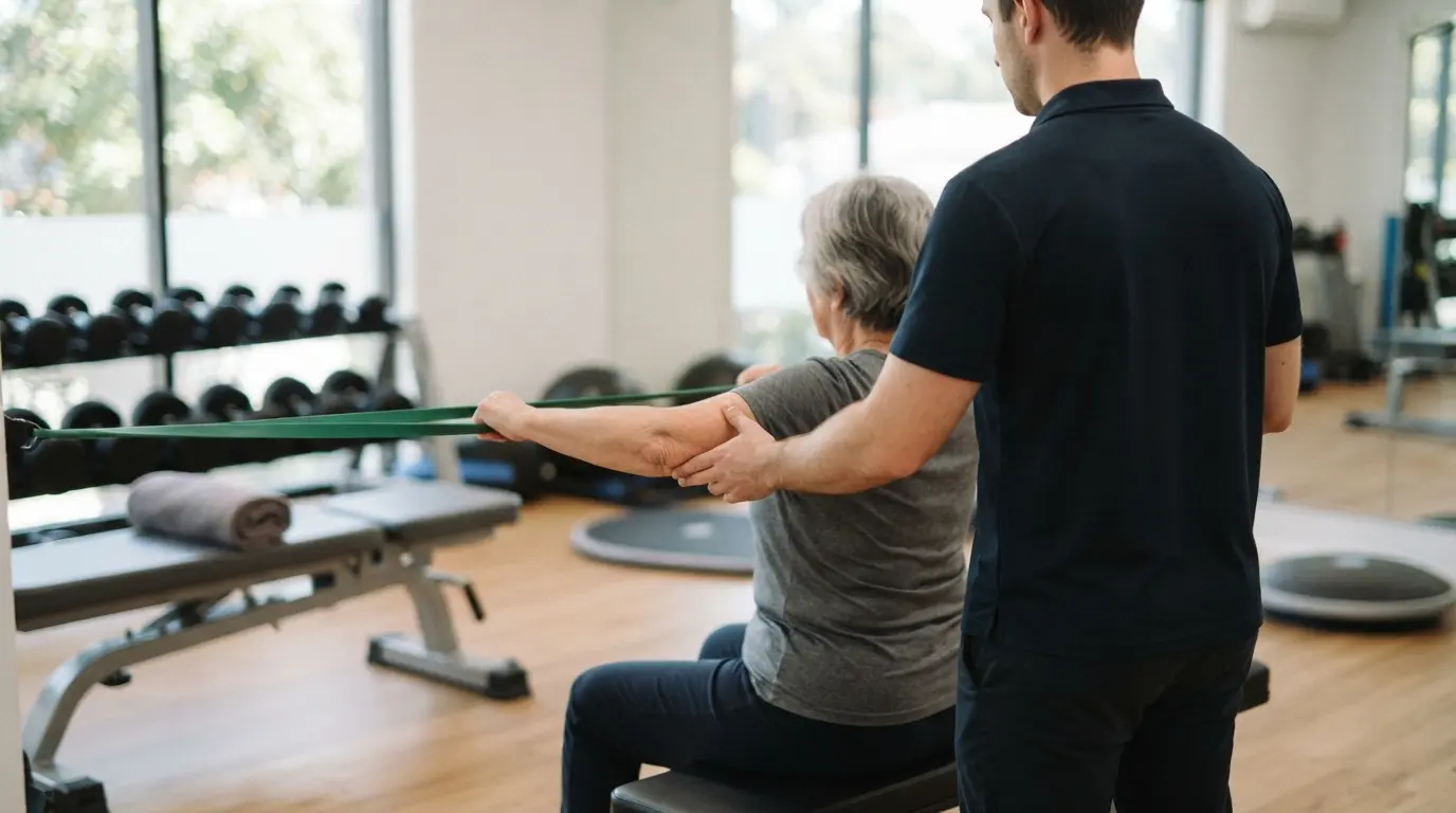 Exercise physiologist Westmead session with an older client using a resistance band in a clinic gym
