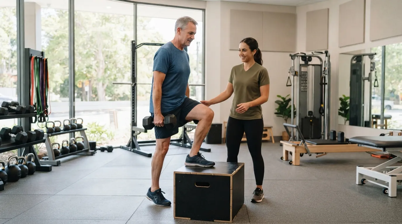 An accredited exercise physiologist guiding a client with ndis epilepsy during a safe gym movement session