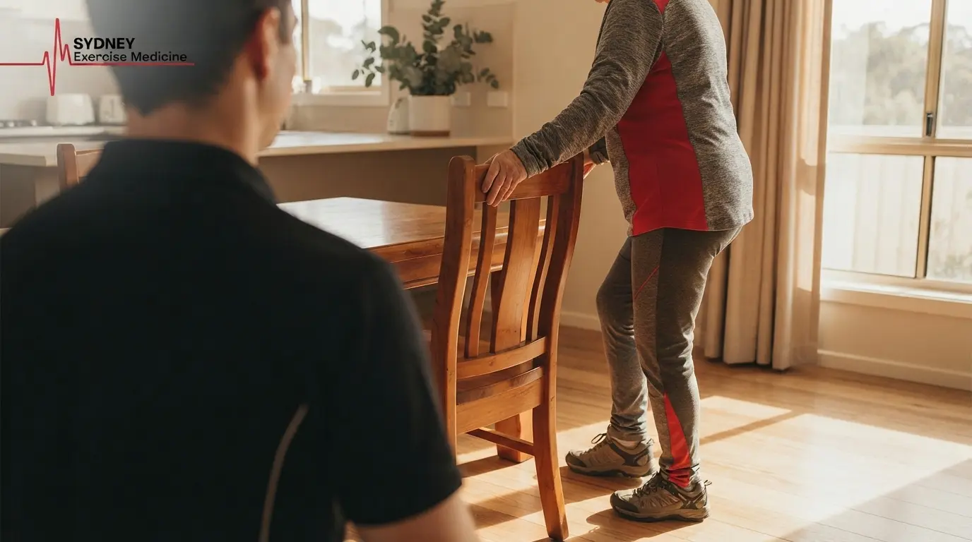 An Accredited Exercise Physiologist delivering my aged care exercise physiology support in a Sydney home.