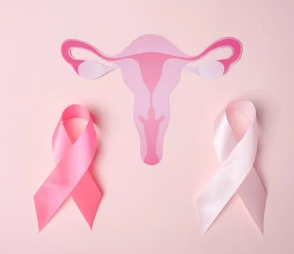 A paper cutout of a uterus above two pink awareness ribbons on a light pink background.