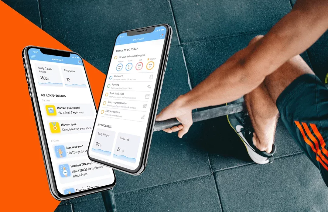 Two smartphones displaying a fitness and health tracking app next to a person exercising with a barbell.