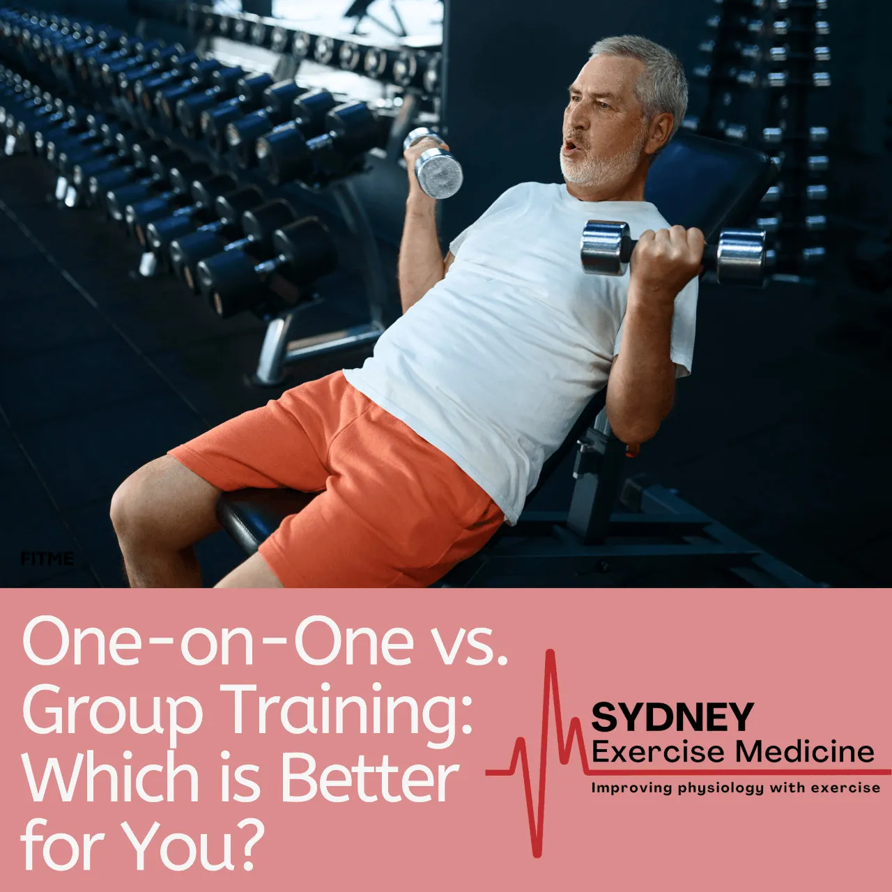 An older man performing dumbbell bicep curls on an incline bench during a 1-on-1 exercise physiology session.